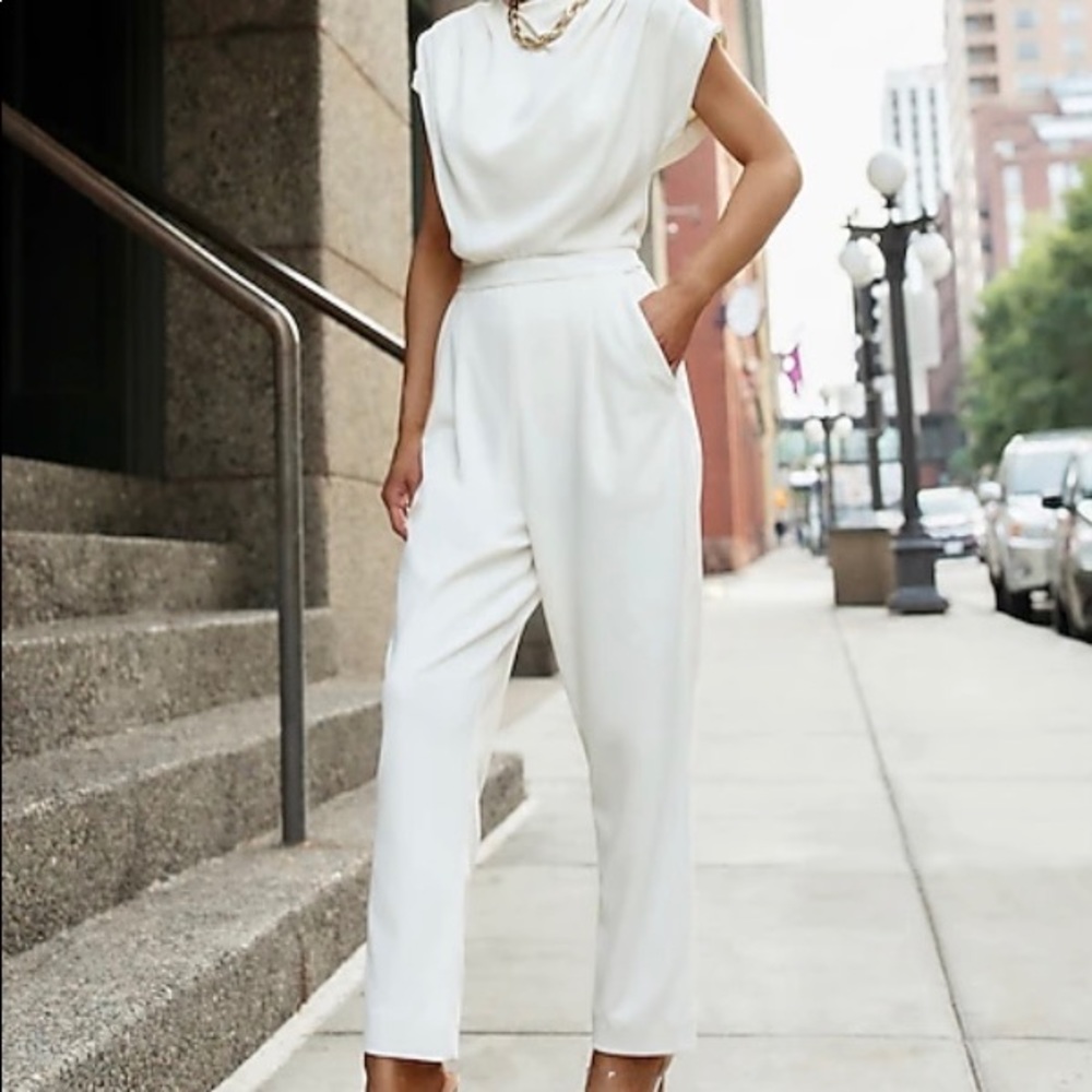 Ivory drape neck jumpsuit Express